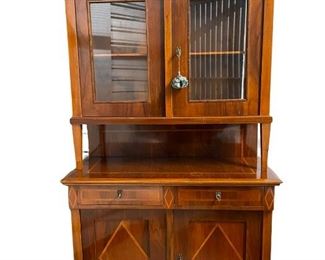 $760 - Antique Sheraton Style Mahogany Marquetry Inlay Hutch/Buffet/Sideboard  LS55-7                                               Description : Beautiful Regency style breakfront in the Sheraton style. Gorgeous inlay in all drawer and door fronts as well as the table top. All 3 original keys included.

 

Condition Desc. : This is an antique piece that has been very well cared for. It is in good condition with minor signs of wear to be expected with age and use. Please refer to photos for a more detailed look at condition. We make every attempt to list and photograph any defects or signs of wear that are significant to this sale.
Location : Bethesda, MD

Local Pick up Potomac, MD.  Contact us for shipper suggestions

Width : 44 in
Depth : 19 in
Height : 80 in