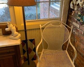 Pair of white iron chairs, floor lamp -1 of 4, small stained glass panel, marble top wash stand