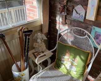 pair of iron chairs, angels, wood stand, umbrella stand, canes