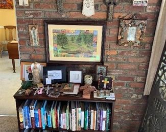 books on faith, devotionals, angels; faith art, Oak Hill School print, crosses