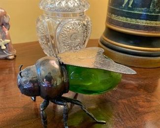 vintage green glass and silver plate fly or bumble bee -rare; crystal biscuit jar; angel lamp