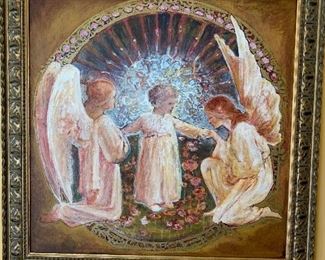 Large original art canvas, two angels watching over a red haired girl