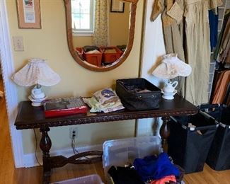 library table, oak mirror, lamps, clothes