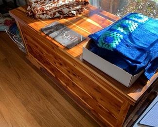 cedar chest; tapestry fabric; drapes