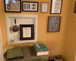 Roxie hero wall; green painted table; stamp albums; safety deposit boxes