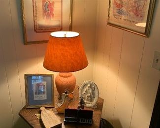art; frames, orange terra cotta lamp; angels; heavy oak stand