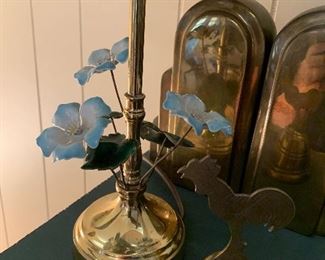 brass and enamel lamp; brass bookends