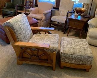 Cowboy Classic Brandt style chair and ottoman oak c. 1950s ranch oak