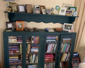 book case, shelf, books, frames