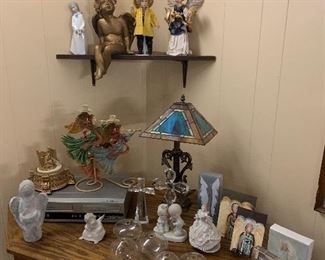 More angels, a VCR, Oak television cabinet with a TV