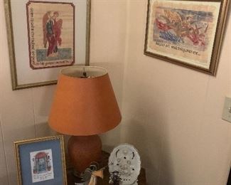 Orange terra-cotta lamp with orange shade, angels, vintage, digital alarm clock