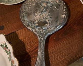 Vintage, silver plate, hand mirror, heavy