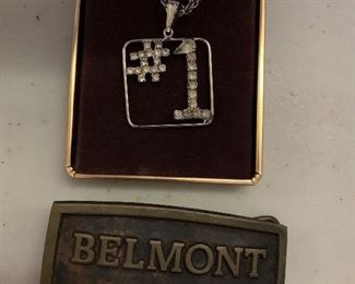 Vintage number one rhinestone necklace, Belmont debate team belt buckle from the 1980s