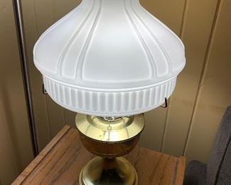 Aladdin type brass lamp with milk, glass shade, as it is