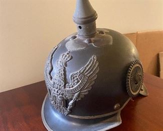 GERMAN METAL SPIKE HELMET C-1900
WITH METAL HAT PLATE STAMPED WITH EAGLE AND MOTTO IN GERMAN"WITH GOD FOR KING
AND FATHERLAND.