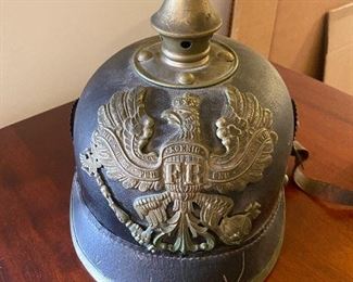 GERMAN METAL SPIKE HELMET C-1900
WITH METAL HAT PLATE STAMPED WITH EAGLE AND MOTTO IN GERMAN"WITH GOD FOR KING
AND FATHERLAND.