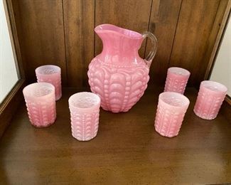 Gorgeous pink art glass pitcher with six glasses