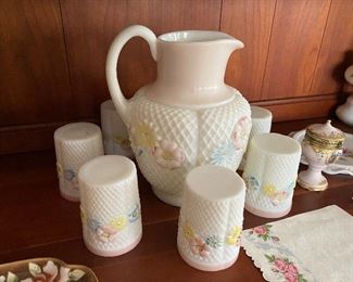 Cosmos milk glass Wildrose, Stemless Daisy pattern  pitcher with six glasses