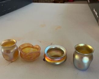 LCT (Louis Comfort Tiffany) favrile art glass salt cellars and toothpick holders/shot glasses