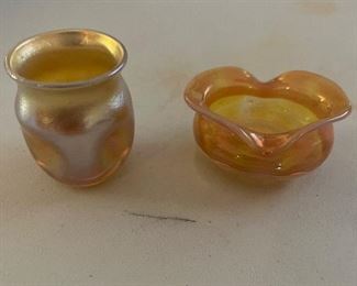 LCT (Louis Comfort Tiffany) favrile art glass salt cellars and toothpick holders/shot glasses