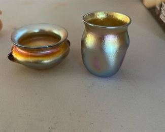LCT (Louis Comfort Tiffany) favrile art glass salt cellars and toothpick holders/shot glasses