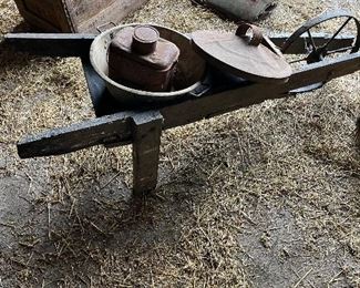 Primitive wooden wheel barrow, antique metal lunchbox