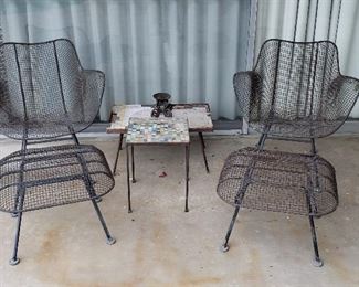 Mid-Century Eames-Style Wire Armchairs 2/ Ottomans: Mid-Century Mosaic-Top Patio Table (some losses)