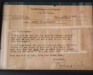 Personal note from writer/director Richard Sale to Kathleen Hughes, 1948