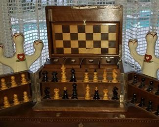 Antique Carved Games Set in a Chest