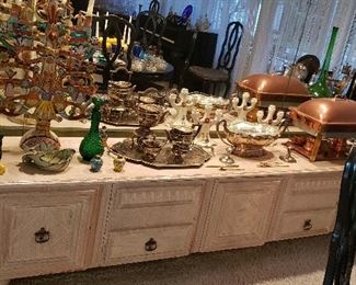 Mid-Century Bleached Low Buffet; Deco Silverplate Tea Service w/ Tray; Large Copper Chafing Dish; 