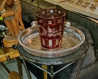 Silverplate Gallery Tray w/ Bohemian Etched Rube Ice Bucket
