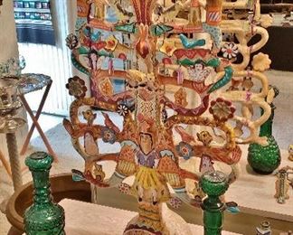 Large Mexican"Tree Of Life" Candelabra; Mixed  Pair of 1960's Green Decanters