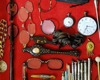 Antique Tortoise Shell Lorgnettes; Wire Rim Glasses w/ Cases, Sterling Silver Mechanical Pencils, Pen Knives, etc.