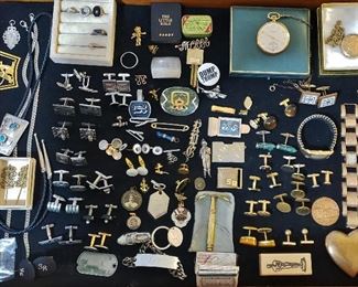 LOTS of Men's Cufflinks, some 14 K Gold, Sterling, etc. 14 K Gold Men's Watch; 14 K Gold Ladies' Mid Century Bracelet Watch; Gold Plated Pocket Watches, etc.