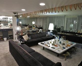 Living Room w/ 2 Long Mid-Century Black Brocade Velvet Sofas; HUGE 1960's White Formica and Gold Mosaic Stripe Coffee Table; Lots of Mid-Century Stuff on Table