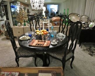 Mid-Century Black Lacquer Round Dining Table w/ Six Tall Hollywood Regency Black Lacquer Side Chairs