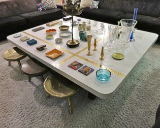 HUGE White Formica Top Coffee Table w/ Gold Mosaic Bands; Lots of Mid-Century Ashtrays, Vases, Matches, Boxes, etc.