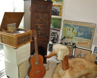Mission-Style Oak Cabinet w/ Leaded glass Door; Vintage-Style Phonograph/CD Player; Vintage Acoustic Guitar; "Lama" Chair