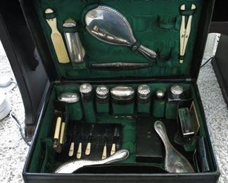 Antique Gents Leather Travel Case w/ Sterling Silver & Faux Ivory Monogramed Pieces