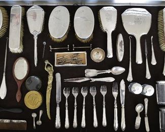Collection of Antique Sterling Silver Dresser Sets; Vanity Jars; Baby Knife / Spoon; Dessert Knife & Forks; Mexican Pickle Forks; Art Nouveau Letter Opener; Knife Rests, etc.