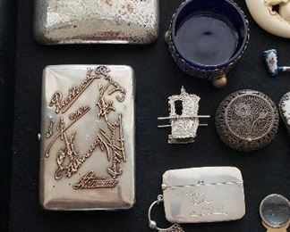 Selection of Antique Sterling Silver: Flask, Cigarette Case w/ Gold Names, Salt Cellars, Calling Card Cases, 2 Antique Tortoise Shell Boxes, etc.