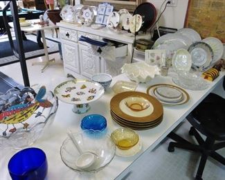 Long White Formica Double Pedestal Breakfast Table; Assorted China & Glassware