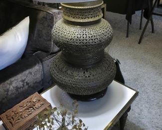 1960's Large Double Baluster Pierced Brass Table Lamp; Hollywood Regency Brass-Trim Formica Side Table 