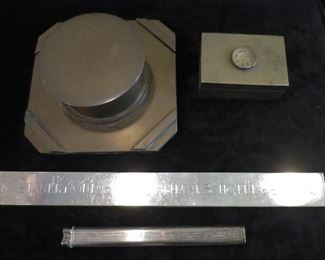 Deco Bronze Inkwell; 2 Dunhill Sterling Lighters; Chinese Box 2/ Soapstone Medallian