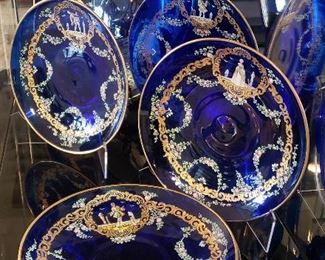 Italian Gold-Painted Cobalt Glass Charger & Six Plates