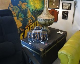 Mid-Century Ceramic Lamp; Vintage License Plates