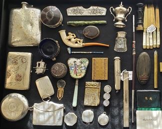 Great assortment of Sterling, Tortoise Shell, Salt Cellar, Chinese Hardstone Mirror, Antique Thermometer in Brass Case, Antique Meerschaum Erotic Pipe, etc.
