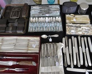 Antique Silver Knives by Christofle, Horn-Handle Cutlery Set, Sterling Spoons, 1920's Travel Set, etc.
