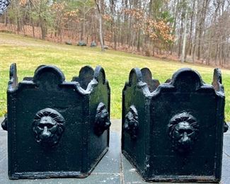 (2) Heavy Cast Iron Planters with Lion Faces 
