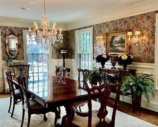 Cabot House Flame Mahogany Dining Room Table & 6 Chippendale Chairs